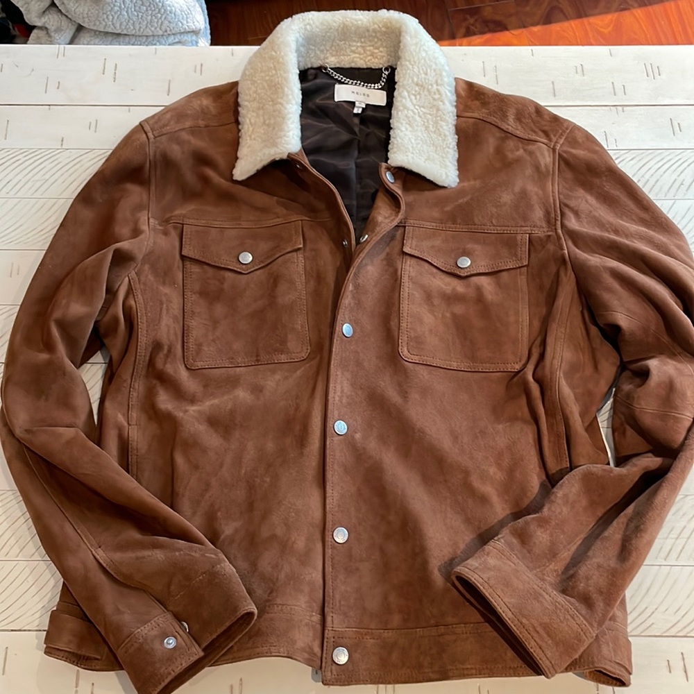 Reiss suede jacket, shearling collar, brown XL